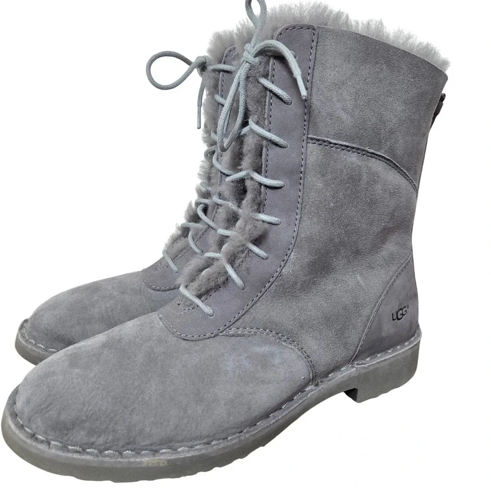 UGG Daney gray lace up‎ winter boot fur lined interior womens size 8